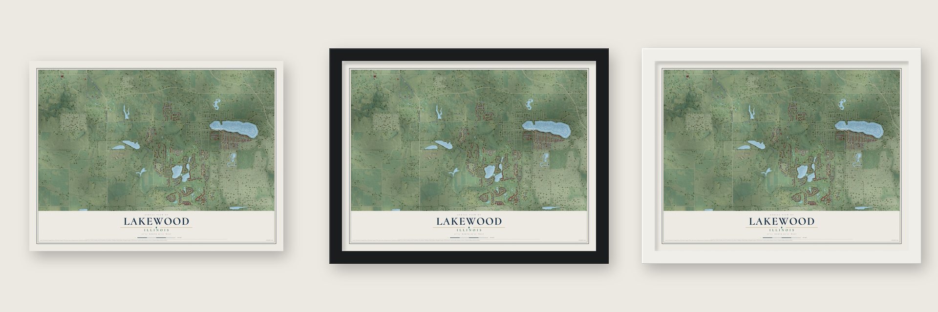Lakewood, Illinois map unframed, in a black wood frame and in a white wood frame