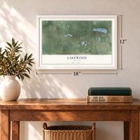 Lakewood, Illinois map, 12 x 18 inch print in a white frame in an entryway
