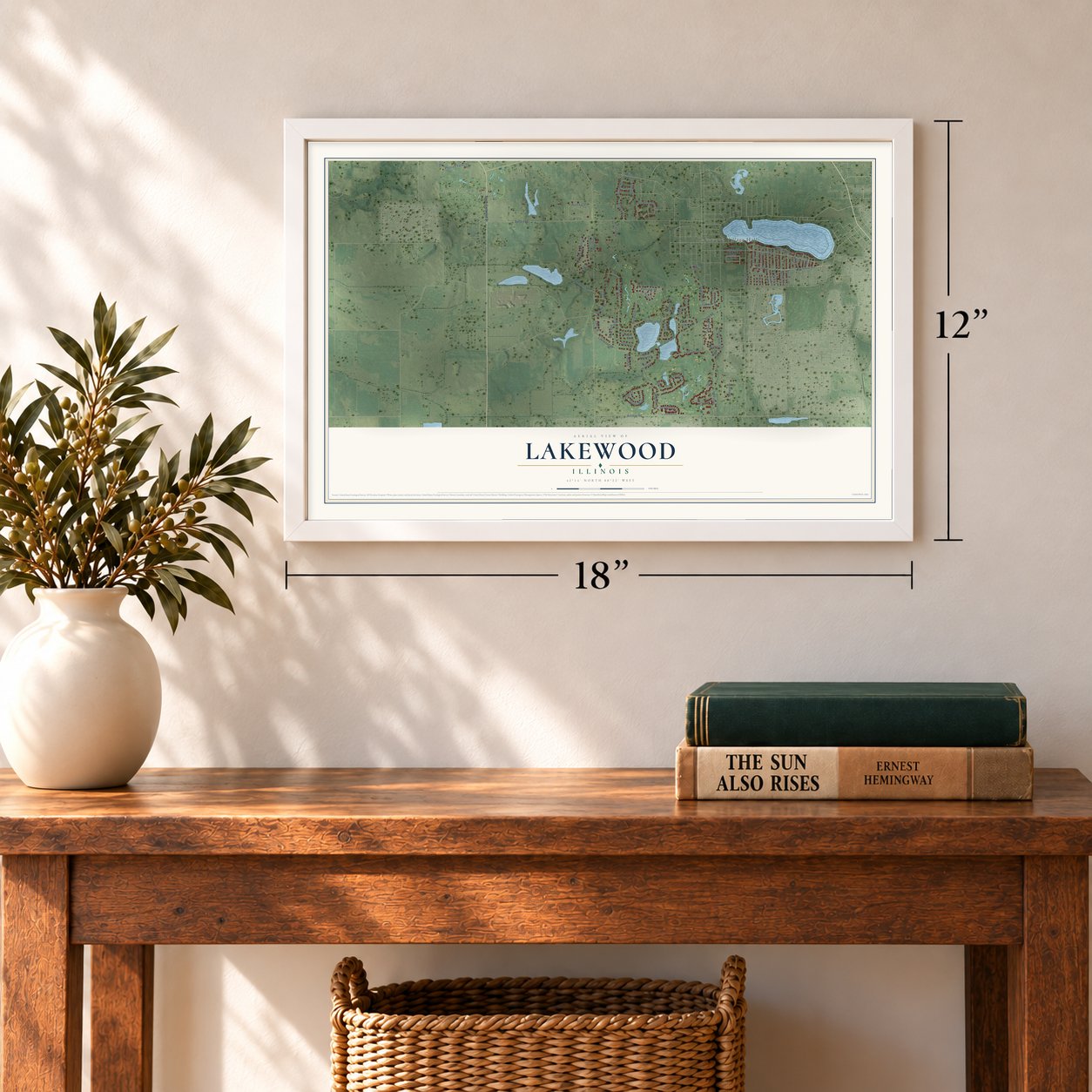 Lakewood, Illinois map, 12 x 18 inch print in a white frame in an entryway