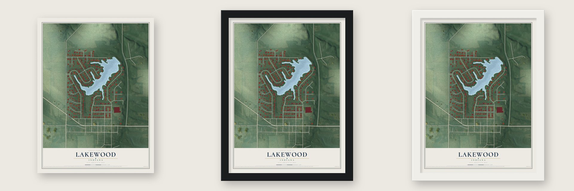 Lakewood, Indiana map unframed, in a black wood frame and in a white wood frame