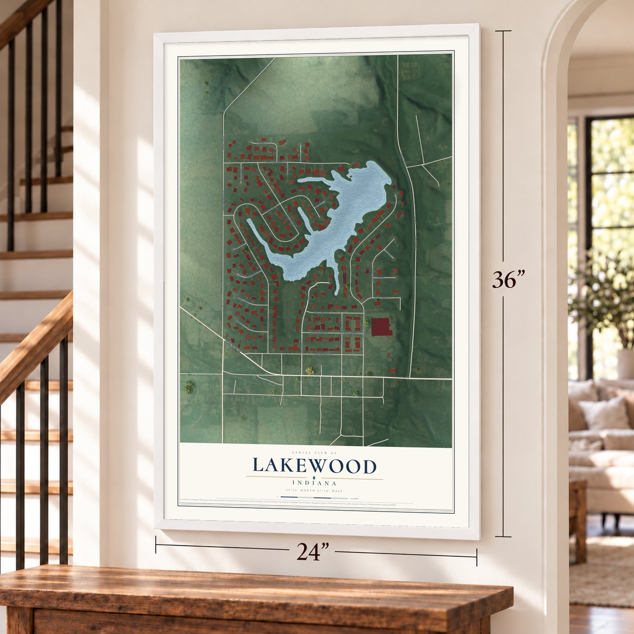 Lakewood, Indiana map, 24 x 36 inch print in a white frame by a staircase
