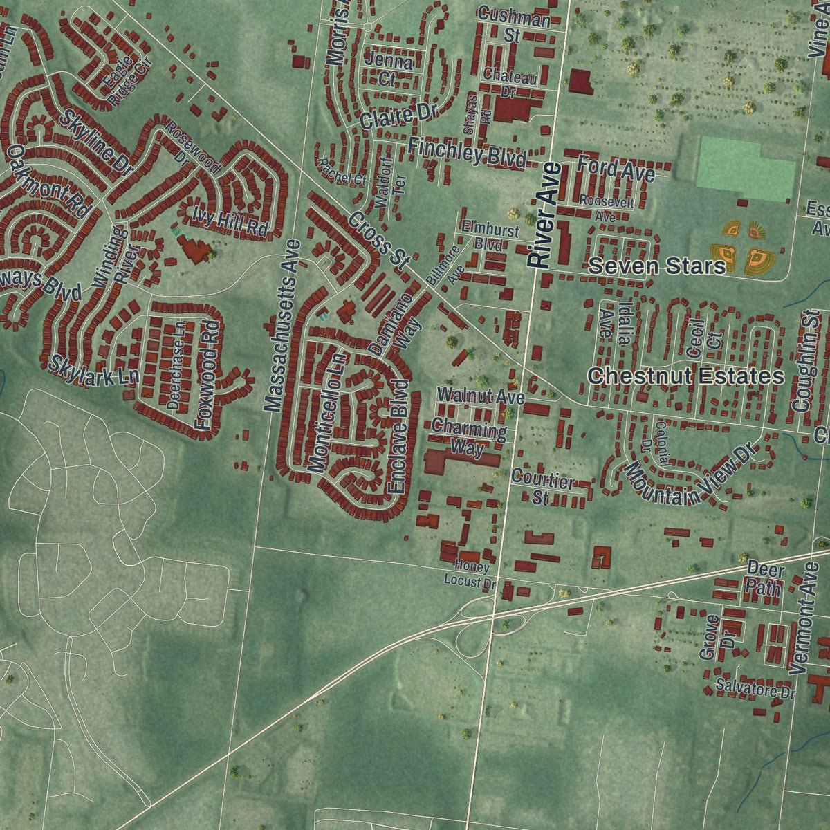 Second close-up of the map of Lakewood, New Jersey print showing more streets and buildings