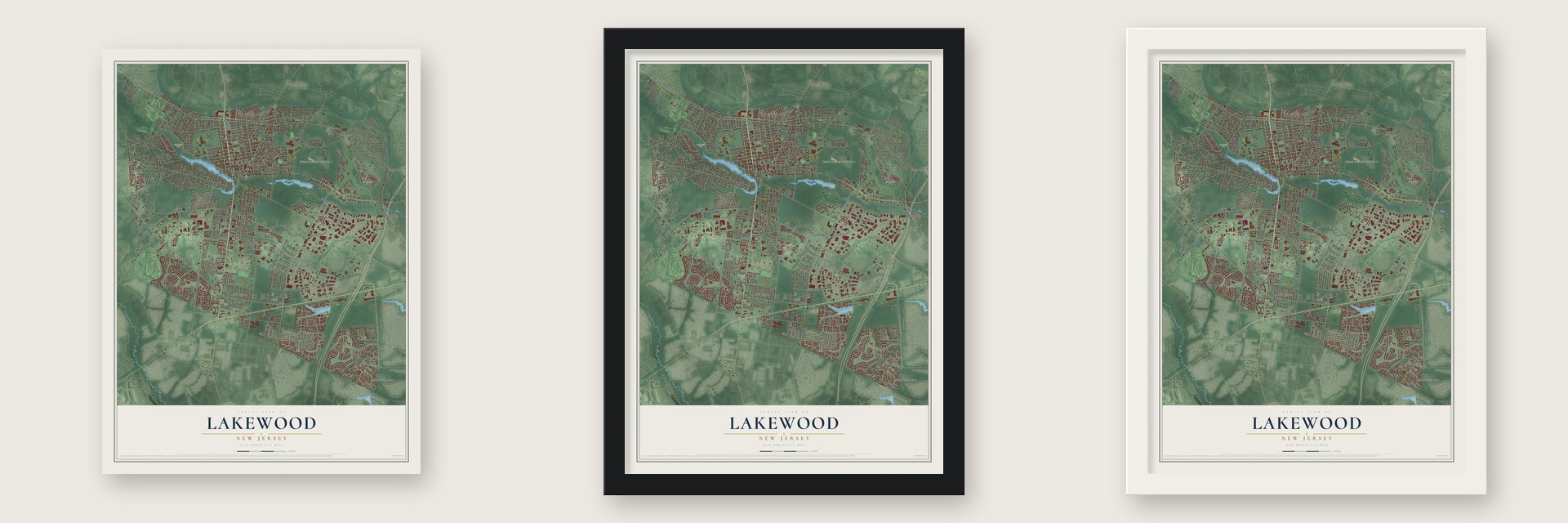 Lakewood, New Jersey map unframed, in a black wood frame and in a white wood frame