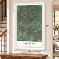 Lakewood, New Jersey map, 24 x 36 inch print in a white frame by a staircase