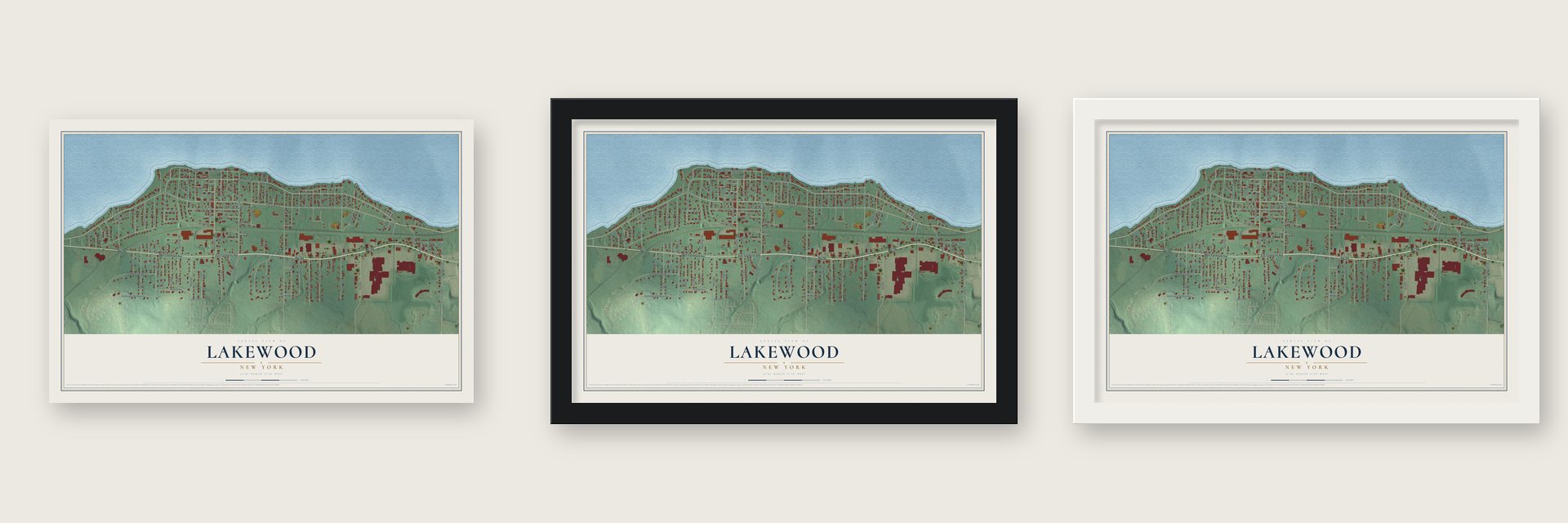 Lakewood, New York map unframed, in a black wood frame and in a white wood frame