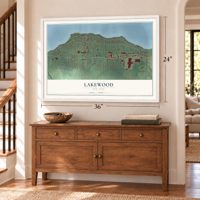 Lakewood, New York map, 24 x 36 inch print in a white frame above a dresser by a staircase