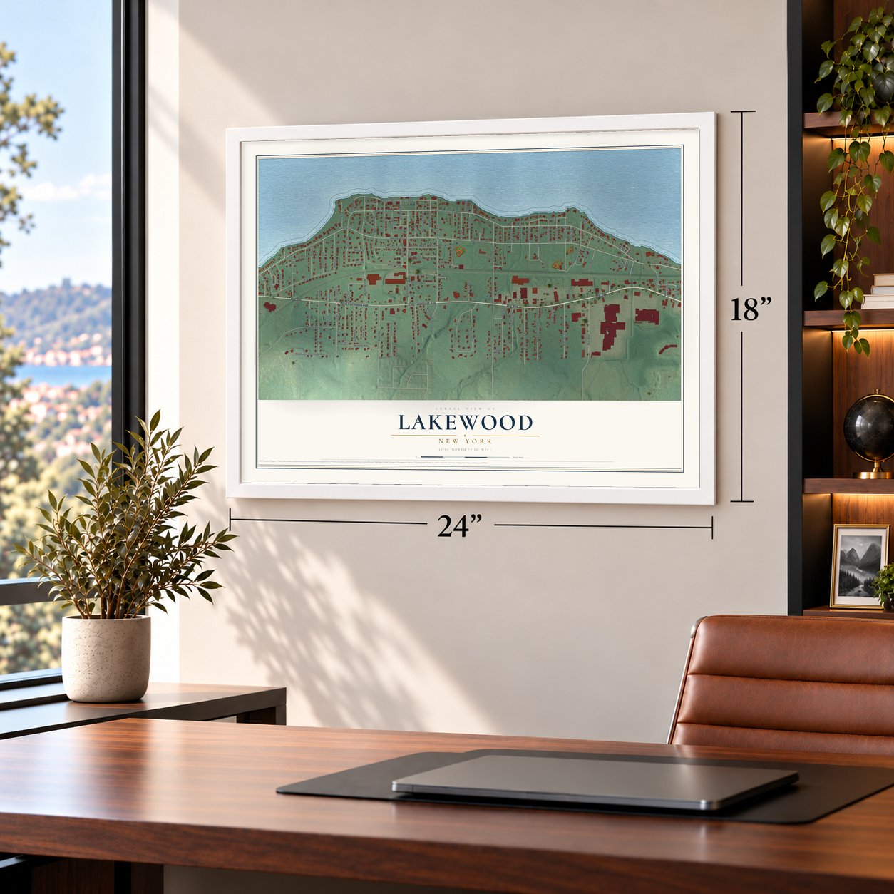Lakewood, New York map, 18 x 24 inch print in a white frame in a home office