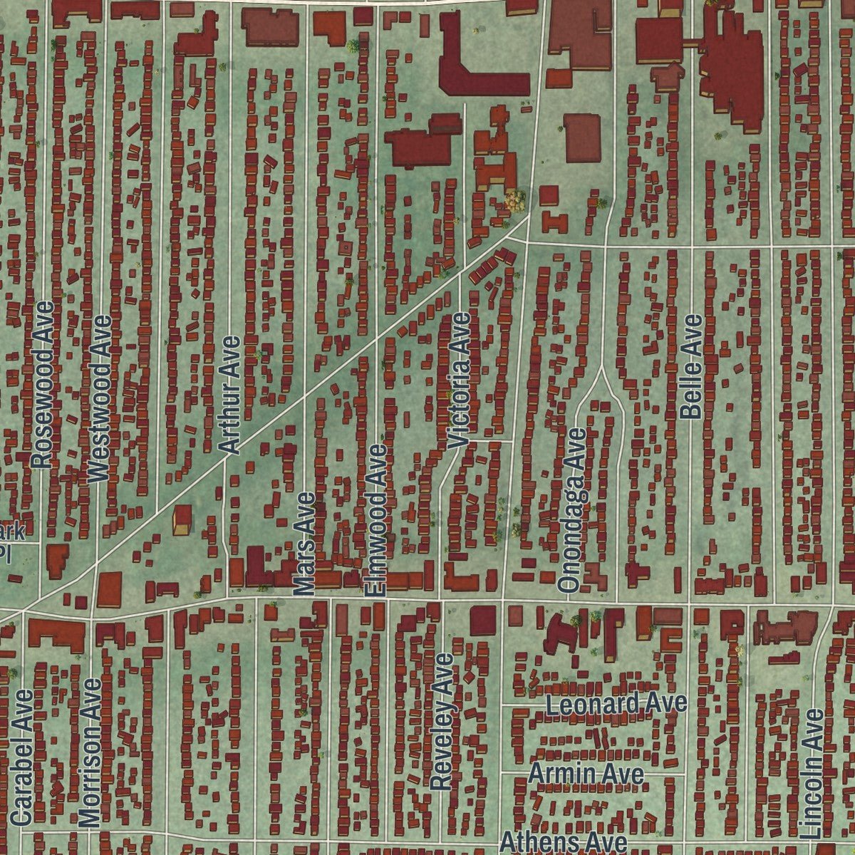 Second close-up of the map of Lakewood, Ohio print showing more streets and buildings