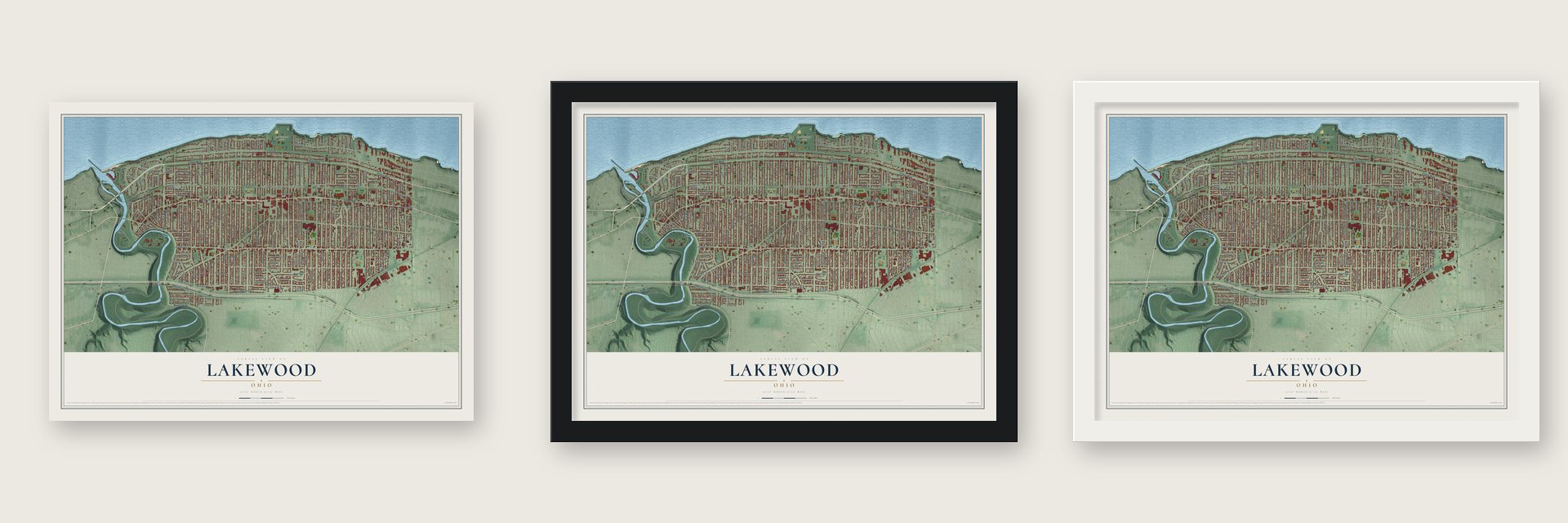 Lakewood, Ohio map unframed, in a black wood frame and in a white wood frame