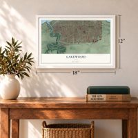 Lakewood, Ohio map, 12 x 18 inch print in a white frame in an entryway