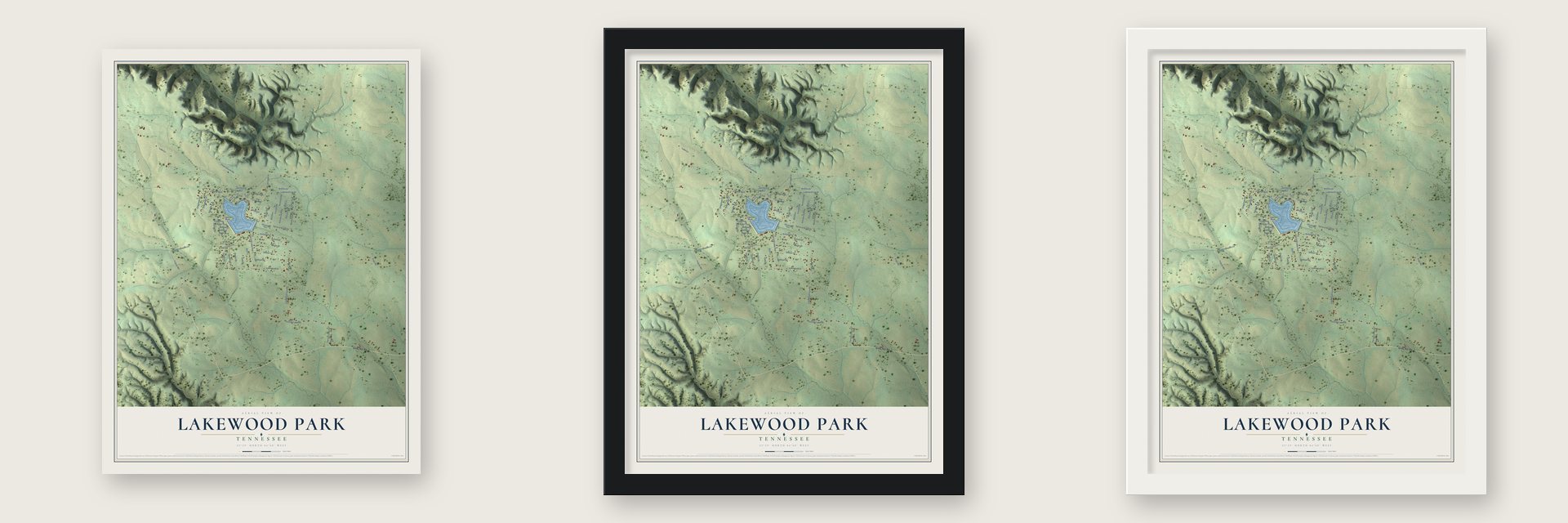Lakewood Park, Tennessee map unframed, in a black wood frame and in a white wood frame