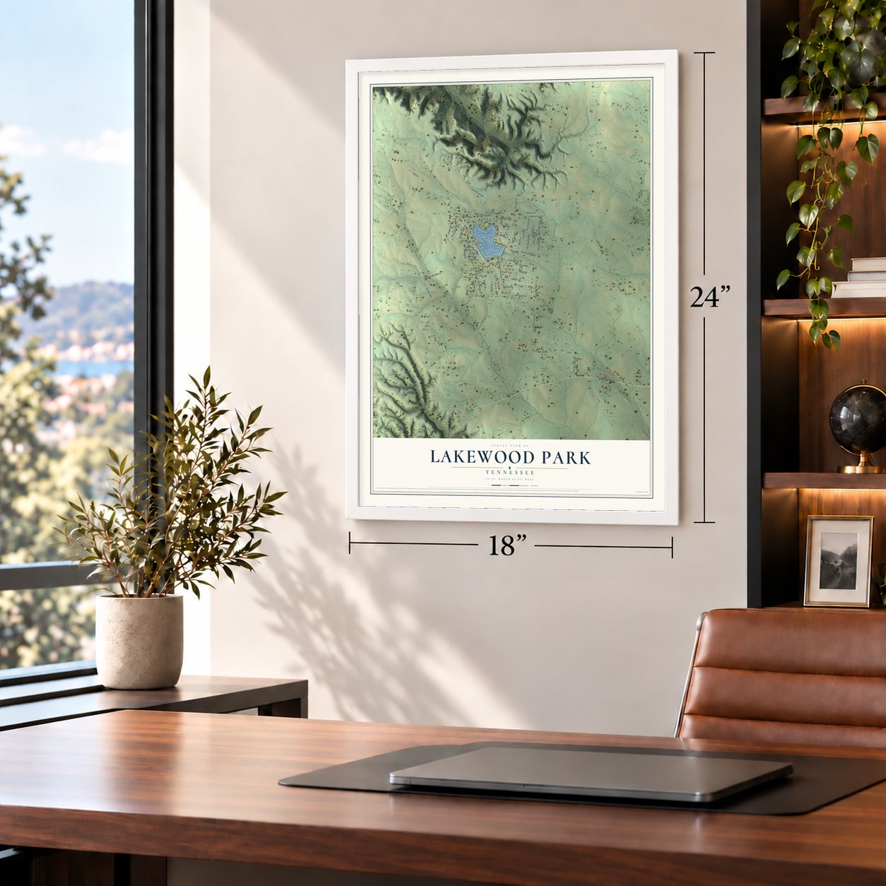Lakewood Park, Tennessee map, 18 x 24 inch print in a white frame in a home office