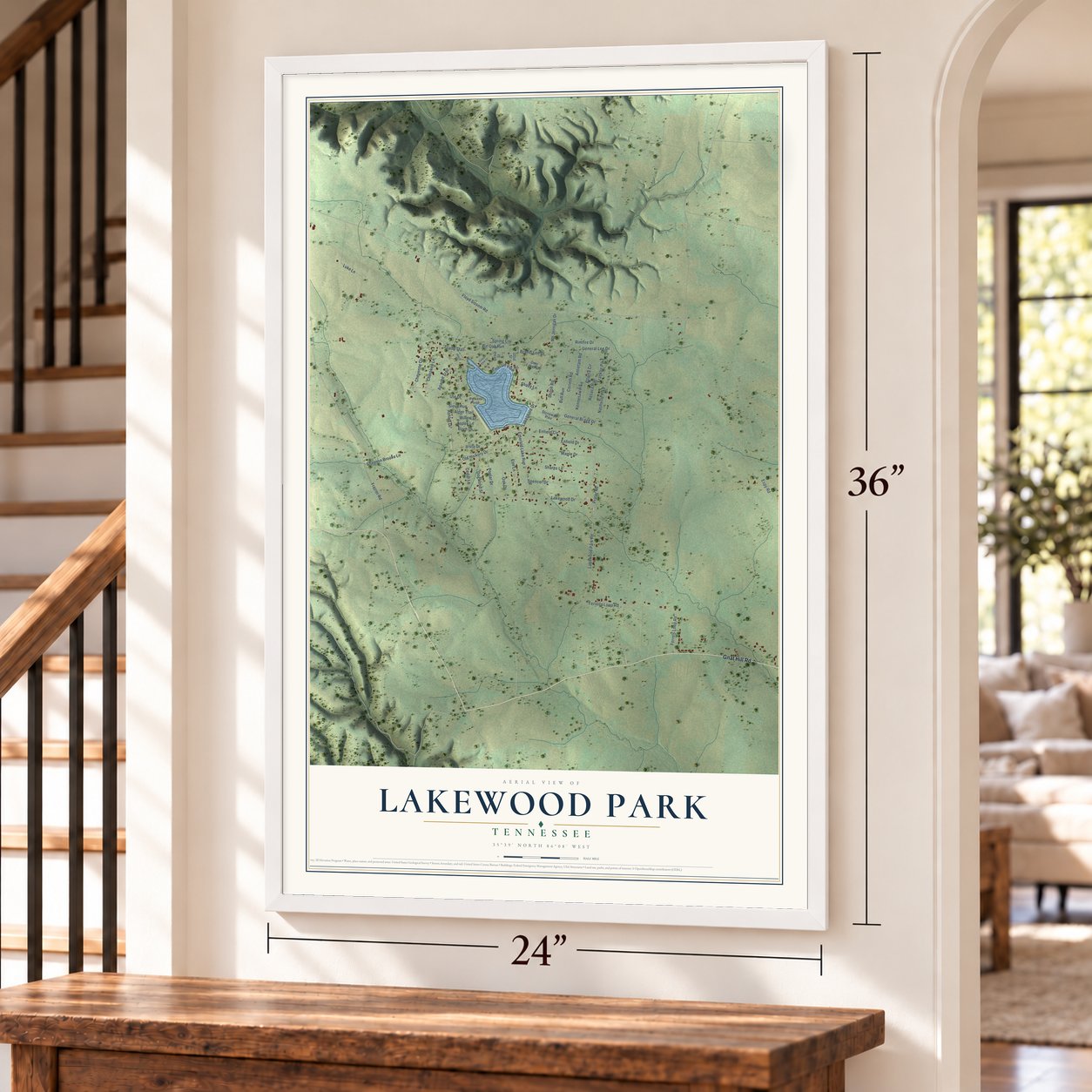 Lakewood Park, Tennessee map, 24 x 36 inch print in a white frame by a staircase