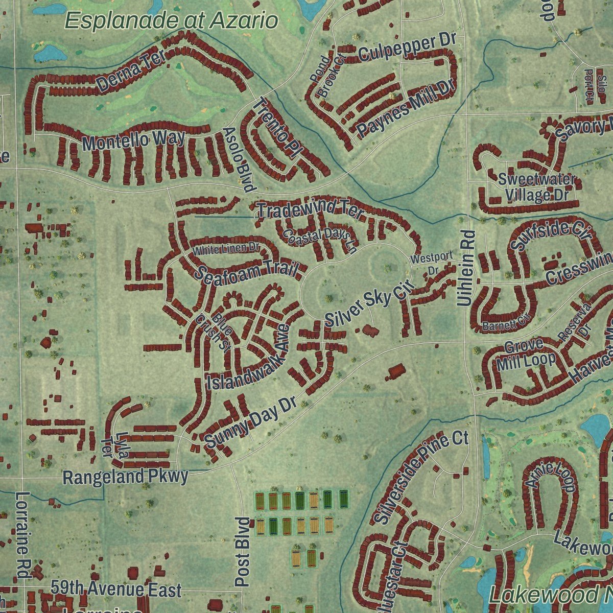 Second close-up of the map of Lakewood Ranch, Florida print showing more streets and buildings