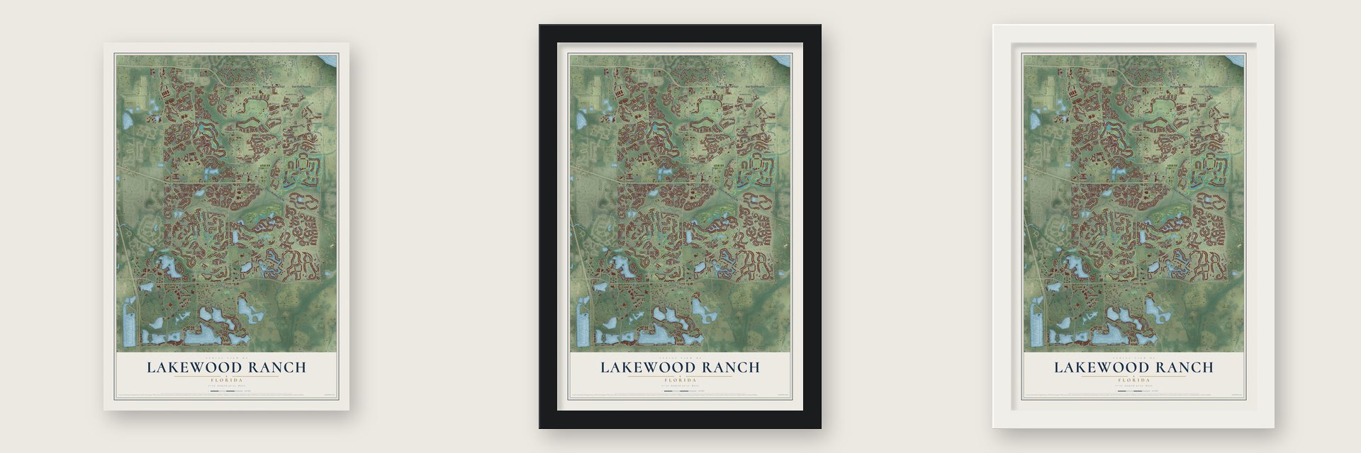 Lakewood Ranch, Florida map unframed, in a black wood frame and in a white wood frame