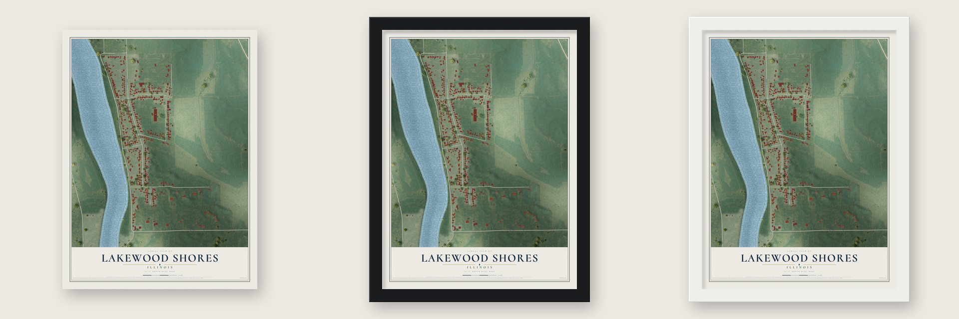 Lakewood Shores, Illinois map unframed, in a black wood frame and in a white wood frame