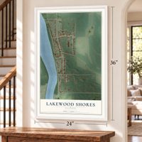 Lakewood Shores, Illinois map, 24 x 36 inch print in a white frame by a staircase