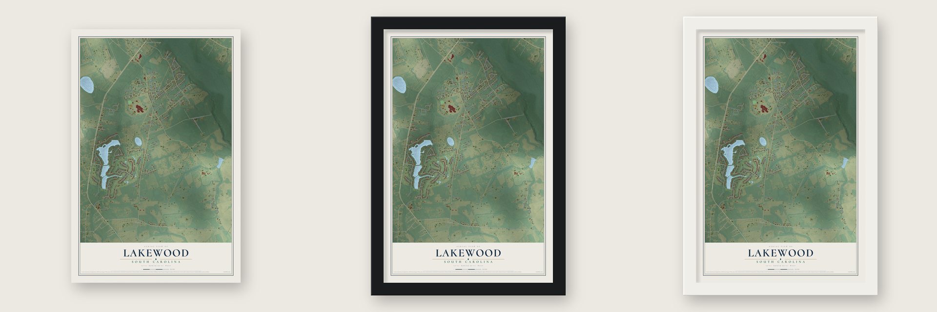 Lakewood, South Carolina map unframed, in a black wood frame and in a white wood frame