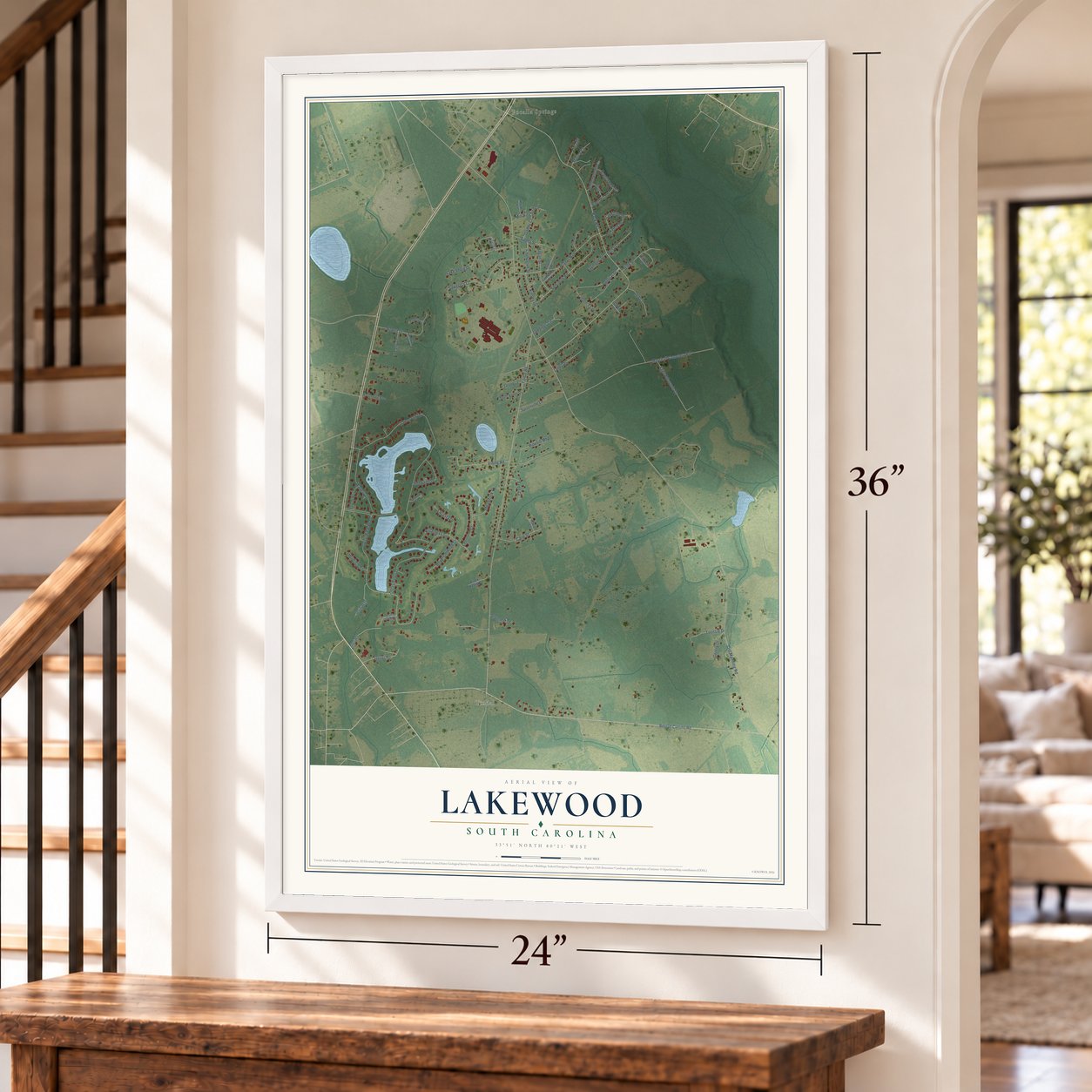 Lakewood, South Carolina map, 24 x 36 inch print in a white frame by a staircase