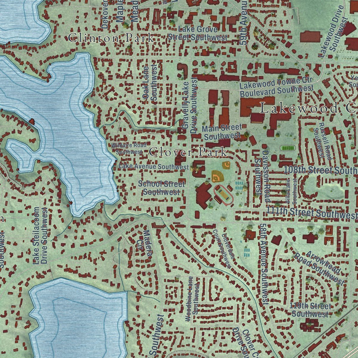 Second close-up of the map of Lakewood, Washington print showing more streets and buildings