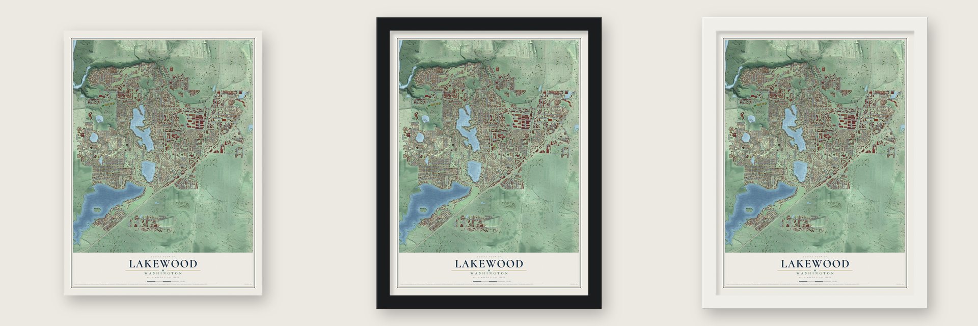 Lakewood, Washington map unframed, in a black wood frame and in a white wood frame