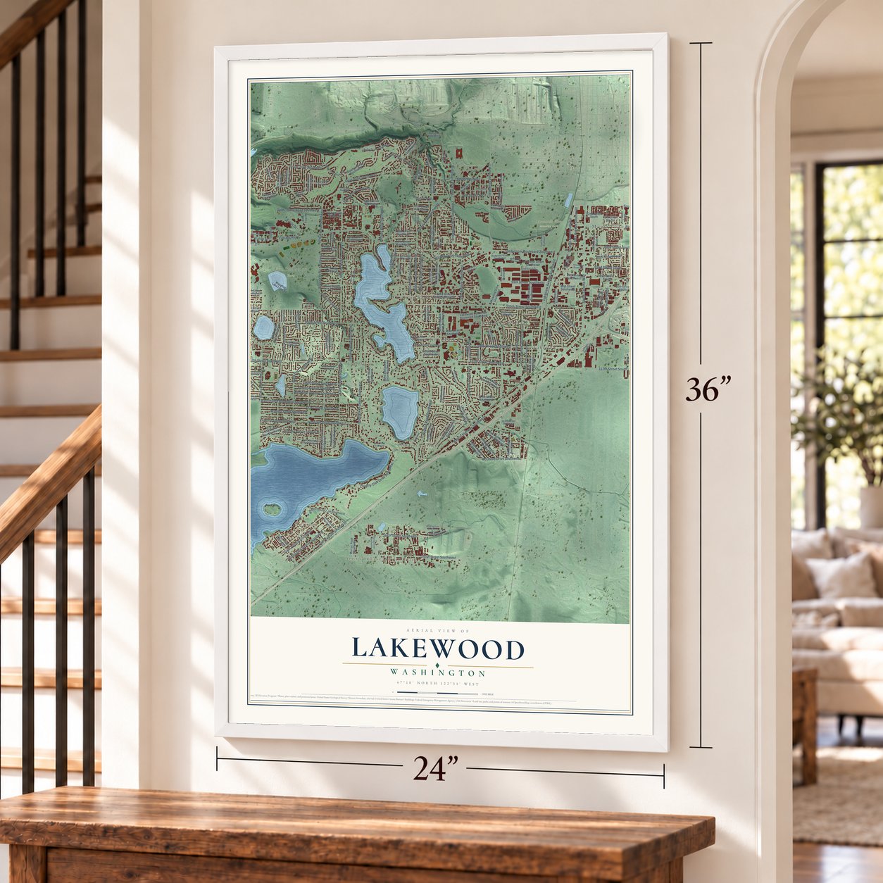 Lakewood, Washington map, 24 x 36 inch print in a white frame by a staircase
