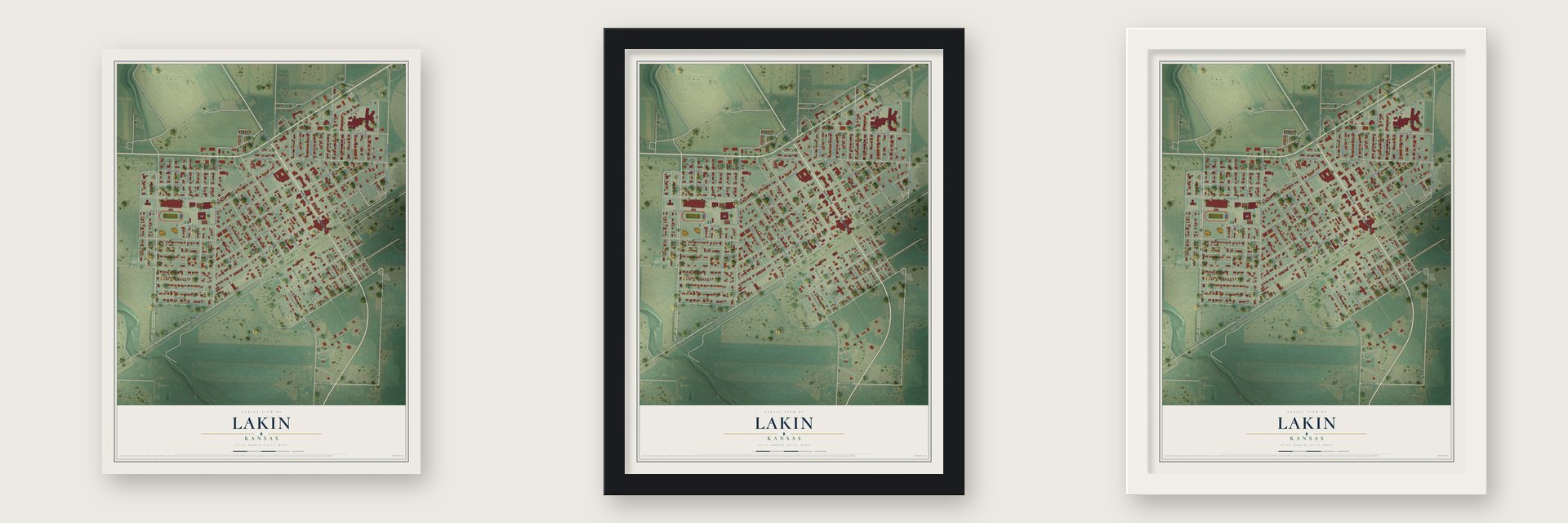 Lakin, Kansas map unframed, in a black wood frame and in a white wood frame