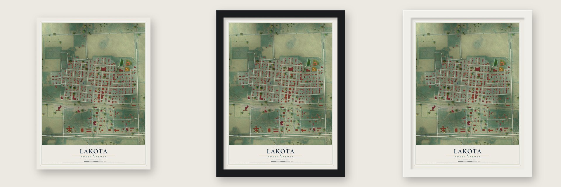 Lakota, North Dakota map unframed, in a black wood frame and in a white wood frame