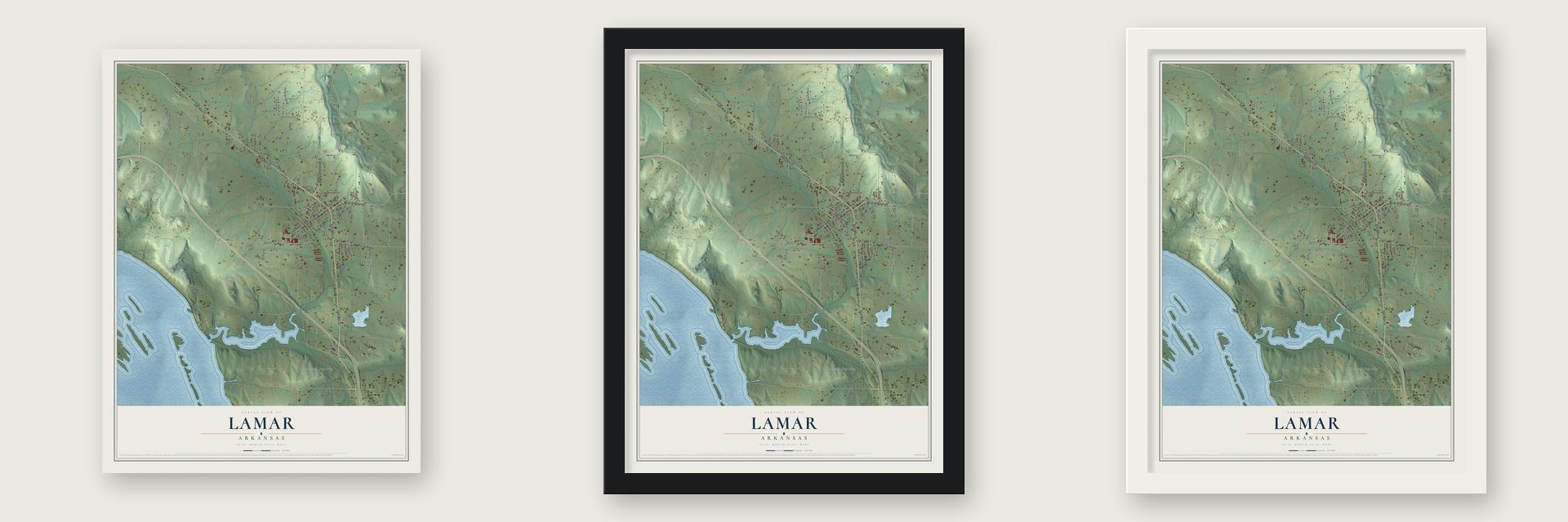 Lamar, Arkansas map unframed, in a black wood frame and in a white wood frame