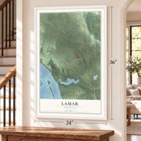 Lamar, Arkansas map, 24 x 36 inch print in a white frame by a staircase