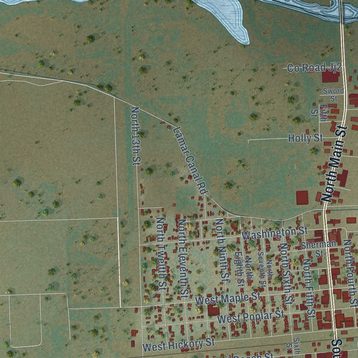 Second close-up of the map of Lamar, Colorado print showing more streets and buildings