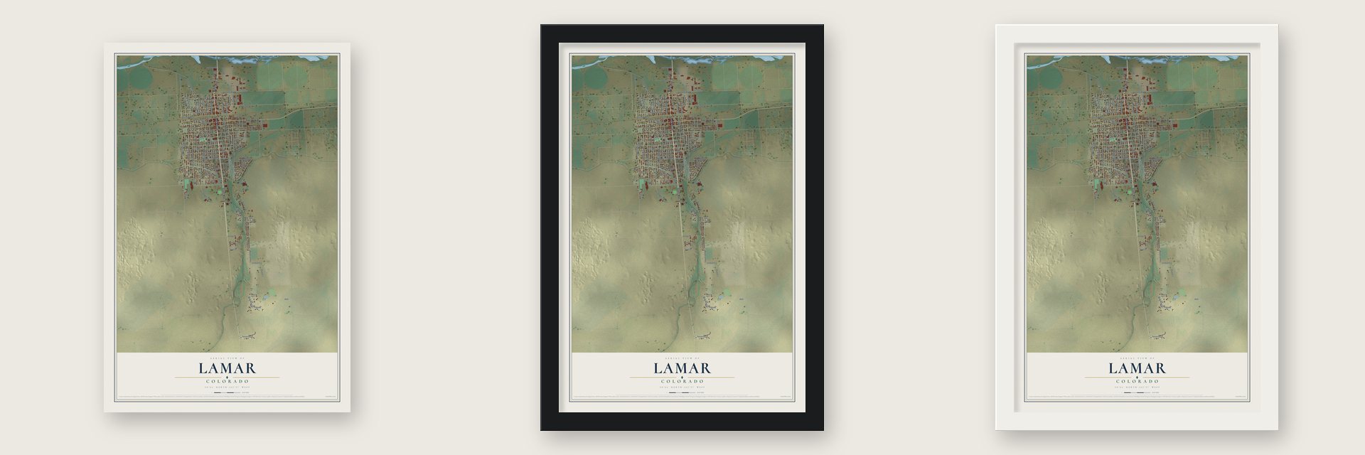 Lamar, Colorado map unframed, in a black wood frame and in a white wood frame
