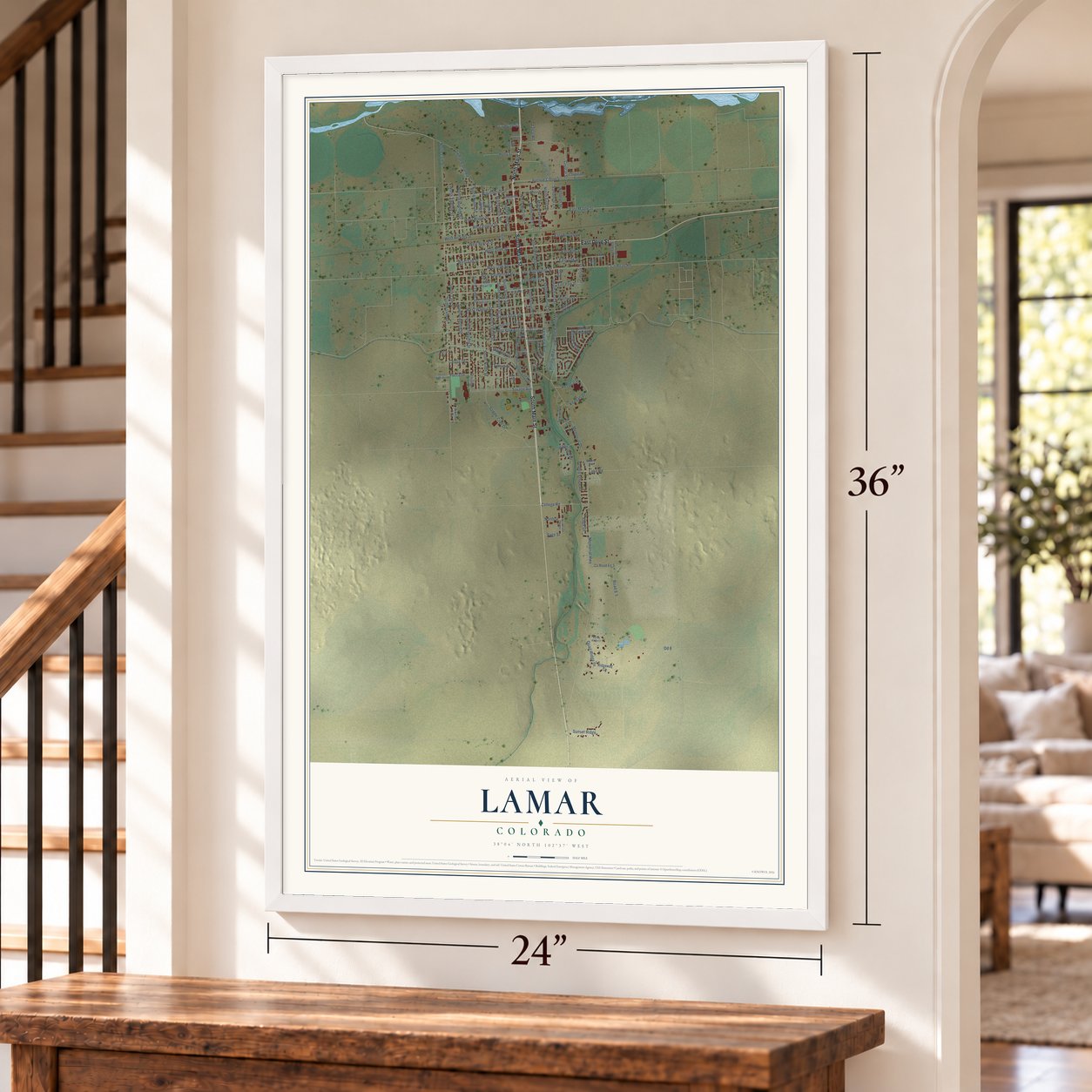 Lamar, Colorado map, 24 x 36 inch print in a white frame by a staircase