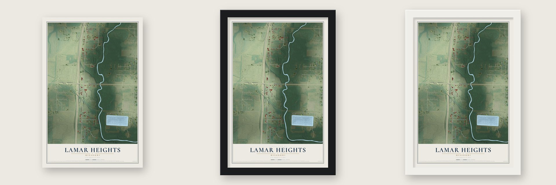 Lamar Heights, Missouri map unframed, in a black wood frame and in a white wood frame