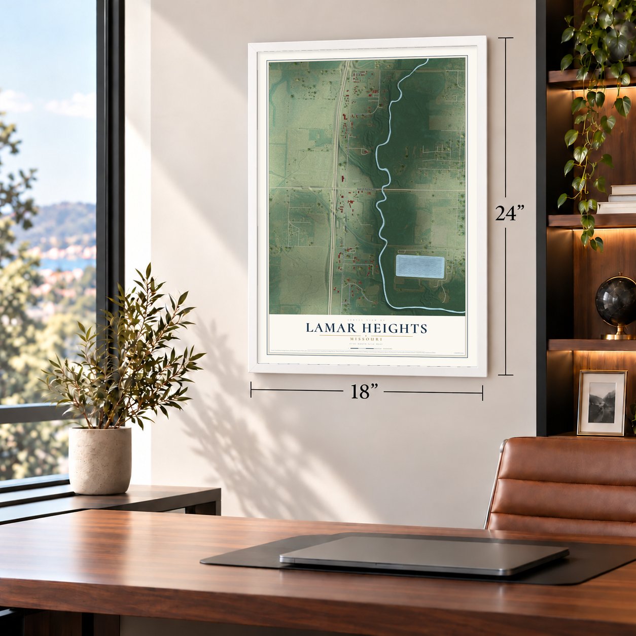 Lamar Heights, Missouri map, 18 x 24 inch print in a white frame in a home office