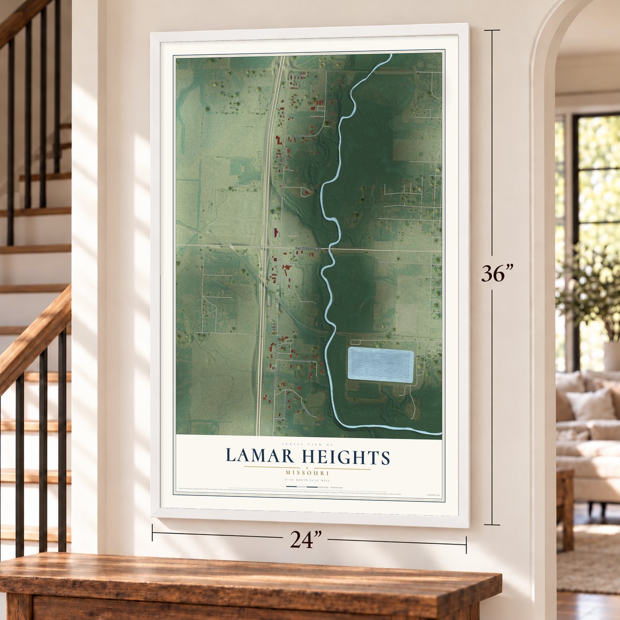 Lamar Heights, Missouri map, 24 x 36 inch print in a white frame by a staircase