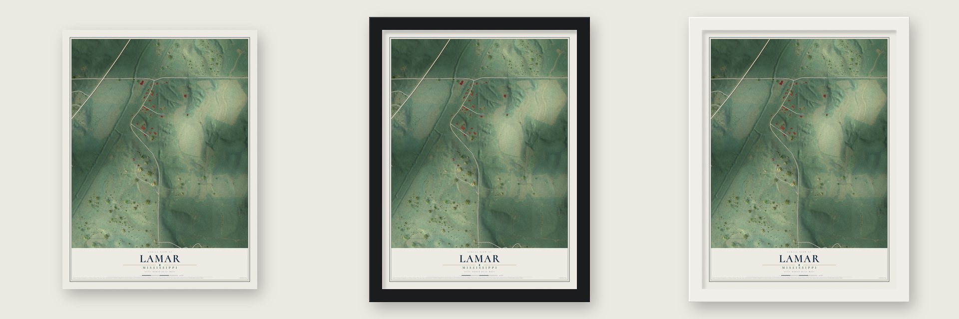 Lamar, Mississippi map unframed, in a black wood frame and in a white wood frame