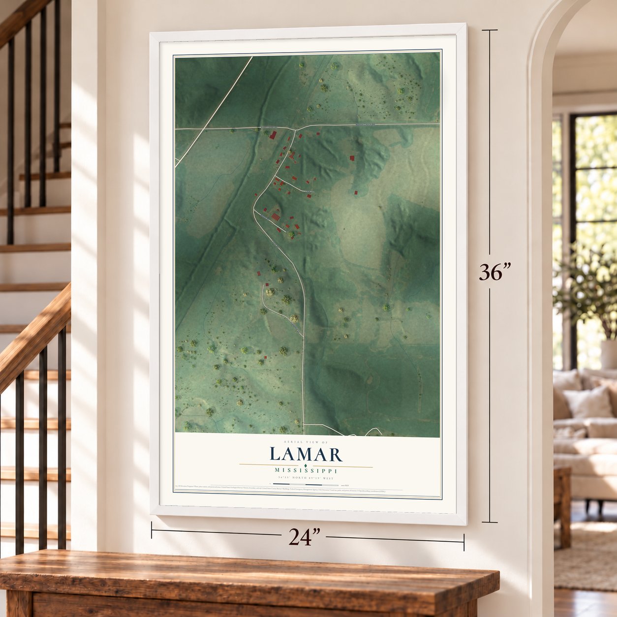 Lamar, Mississippi map, 24 x 36 inch print in a white frame by a staircase