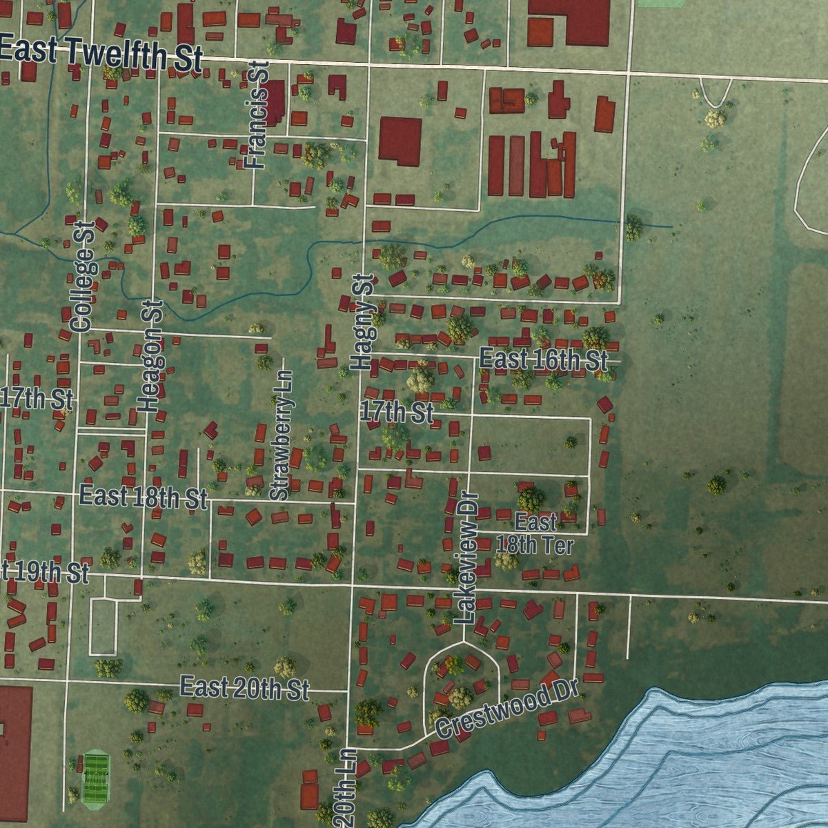 Second close-up of the map of Lamar, Missouri print showing more streets and buildings