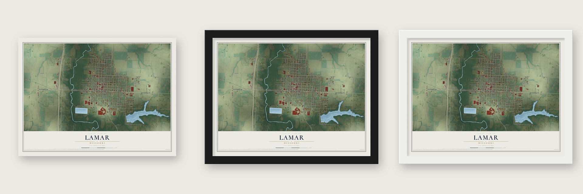 Lamar, Missouri map unframed, in a black wood frame and in a white wood frame