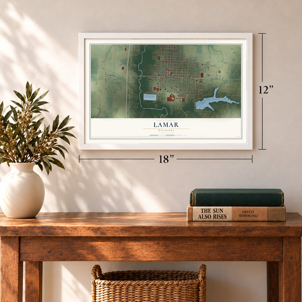 Lamar, Missouri map, 12 x 18 inch print in a white frame in an entryway