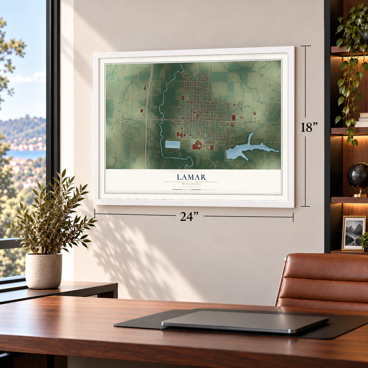 Lamar, Missouri map, 18 x 24 inch print in a white frame in a home office