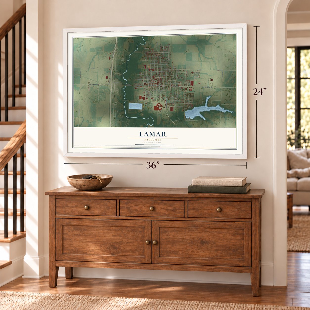 Lamar, Missouri map, 24 x 36 inch print in a white frame above a dresser by a staircase