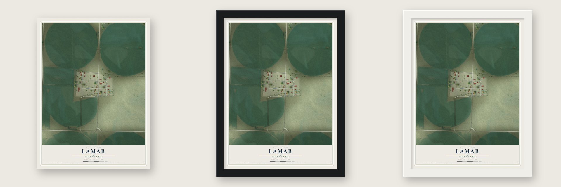 Lamar, Nebraska map unframed, in a black wood frame and in a white wood frame