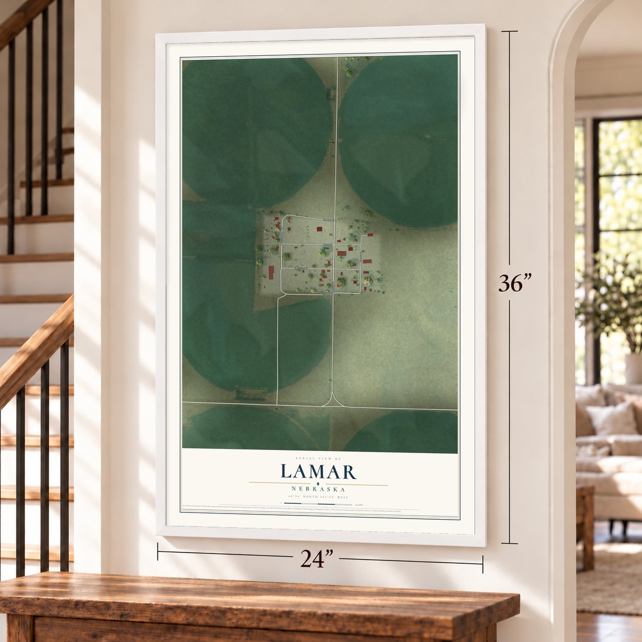 Lamar, Nebraska map, 24 x 36 inch print in a white frame by a staircase