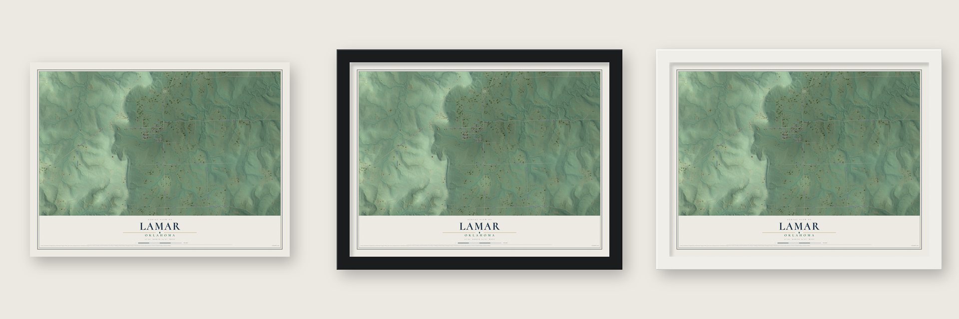 Lamar, Oklahoma map unframed, in a black wood frame and in a white wood frame
