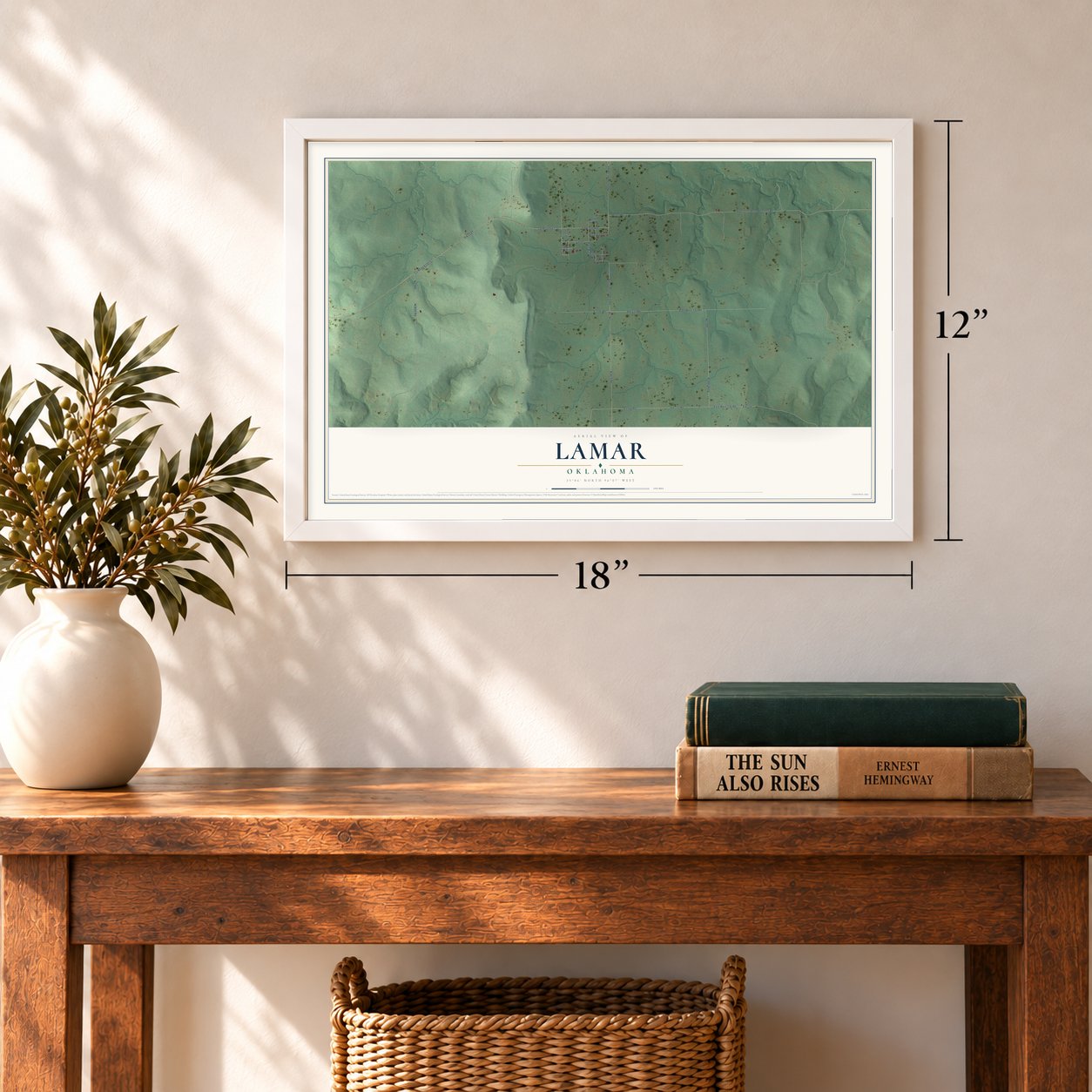 Lamar, Oklahoma map, 12 x 18 inch print in a white frame in an entryway
