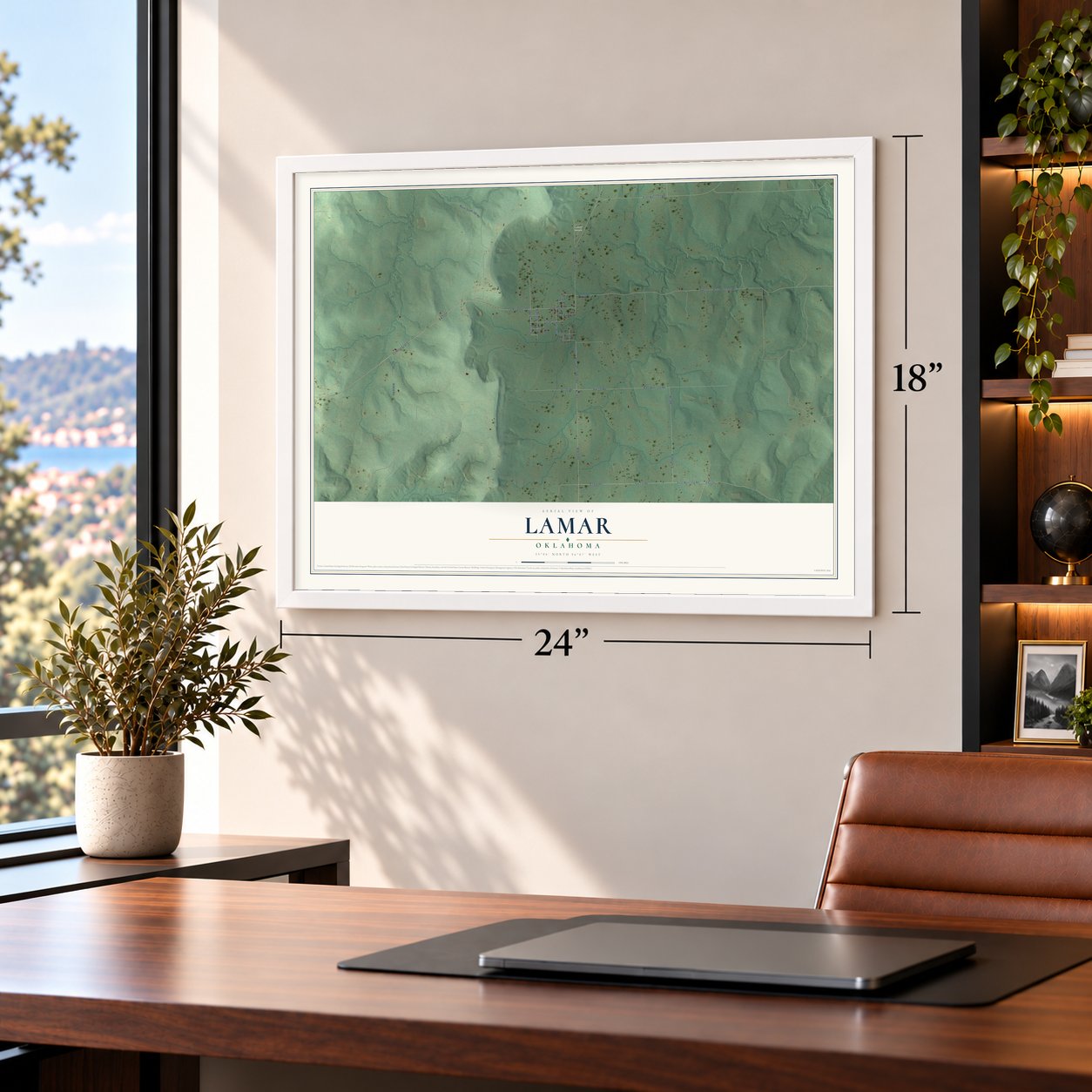 Lamar, Oklahoma map, 18 x 24 inch print in a white frame in a home office