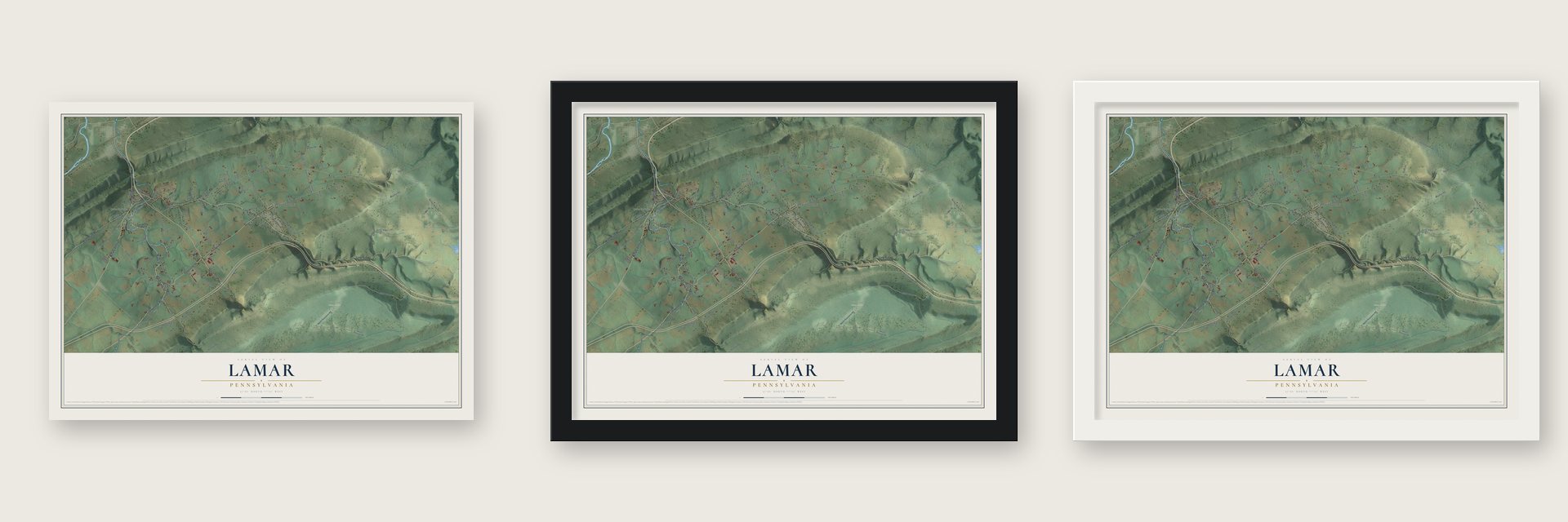 Lamar, Pennsylvania map unframed, in a black wood frame and in a white wood frame