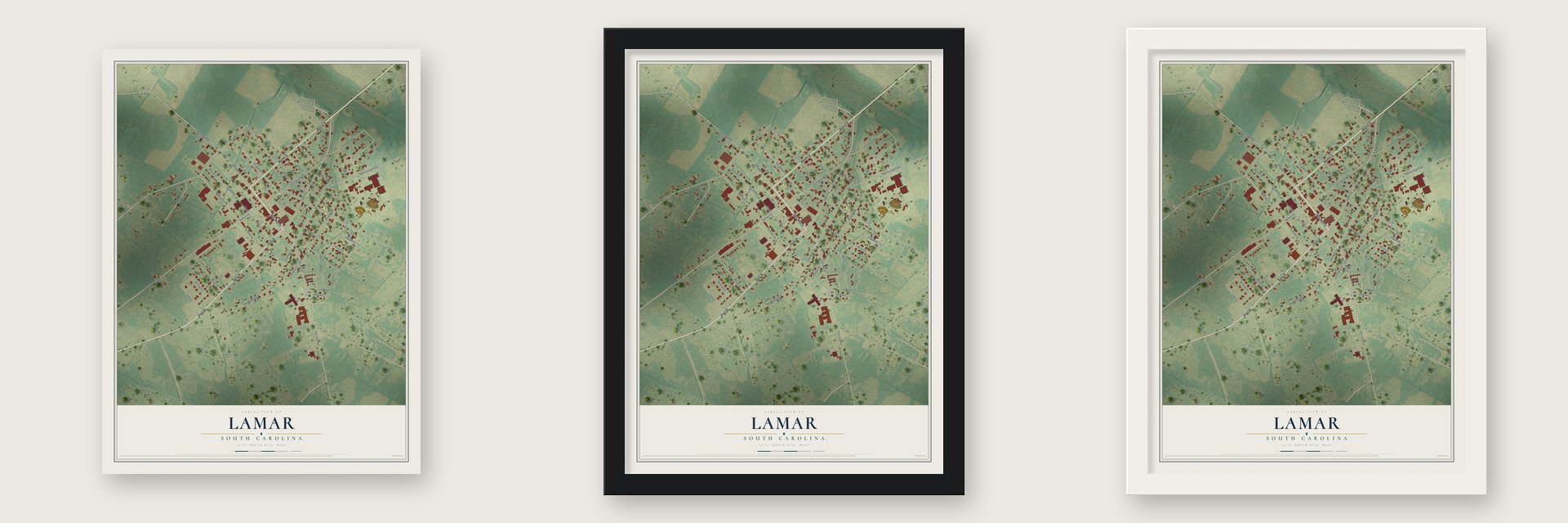 Lamar, South Carolina map unframed, in a black wood frame and in a white wood frame